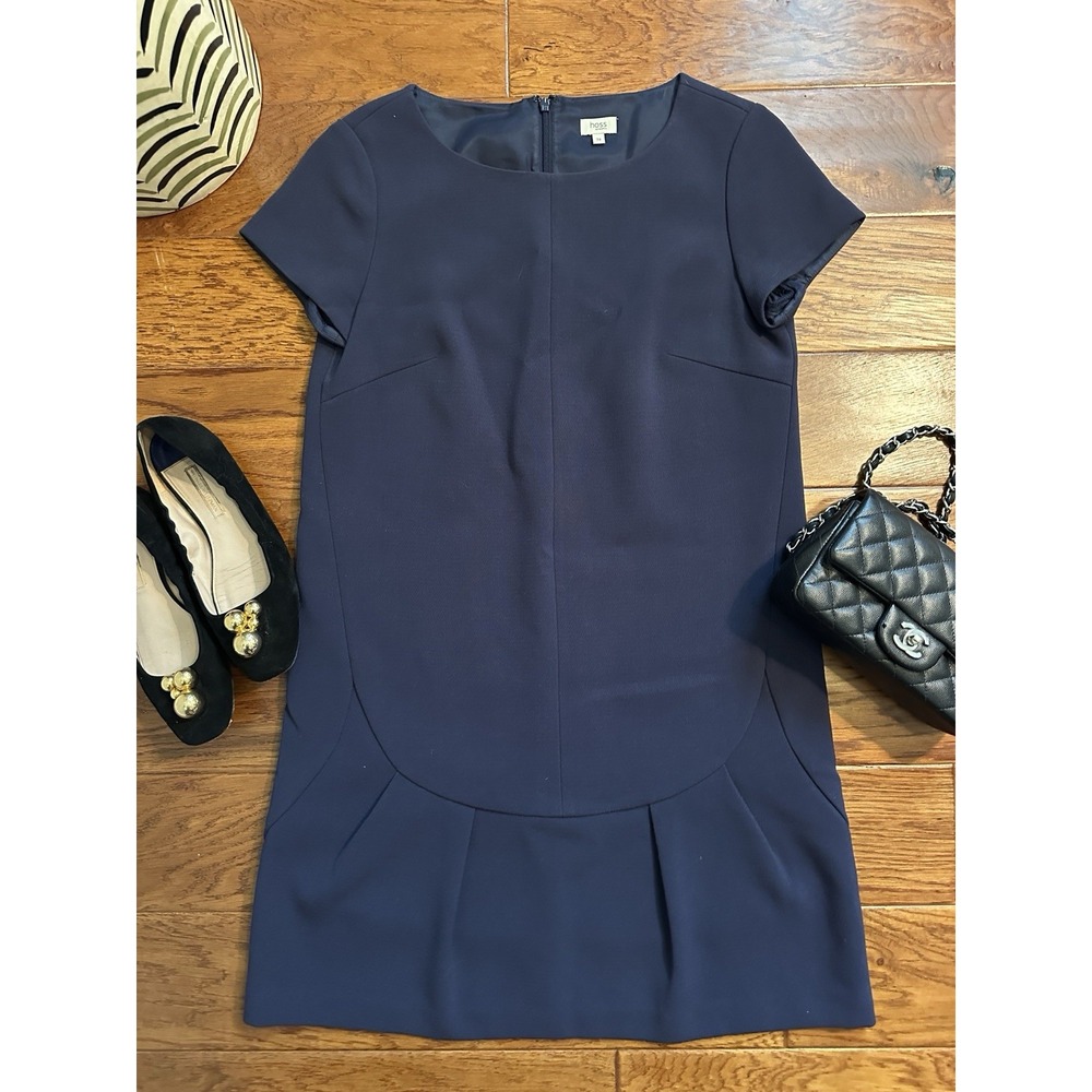 Hoss Intropia Navy Blue Drop Waist Pleated Shift Dress Womens Size 38 US 6